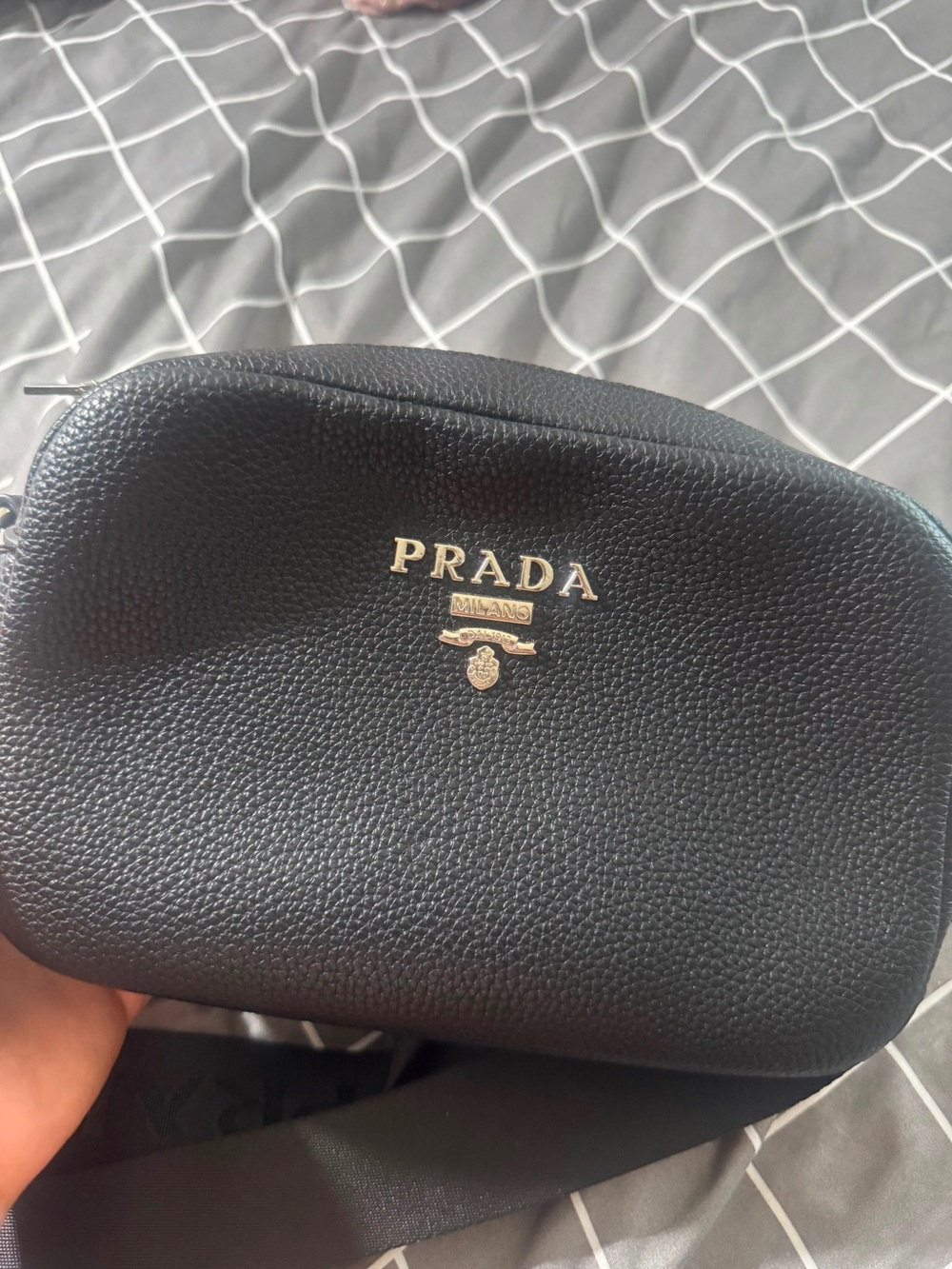 Prada Black Pebbled Leather Belt Bag with Gold Logo
